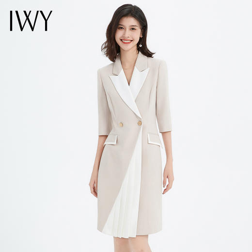 IWY/高级杏色连衣裙七分袖百褶裙修身设计感拼接款医美通勤职业裙Q14101 商品图0
