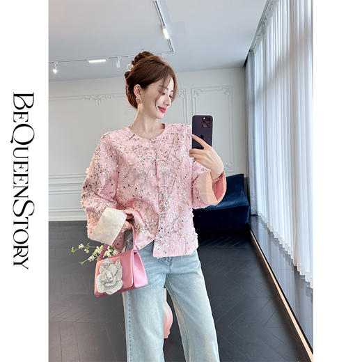 余潇潇【樱落星河】新中式时髦气质重工珠片绣圆领长袖上衣女外套 商品图0