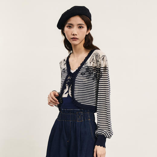 谜底条纹针织开衫长袖女2024夏季新品优雅V领提花灯笼袖242MZ0881 商品图1