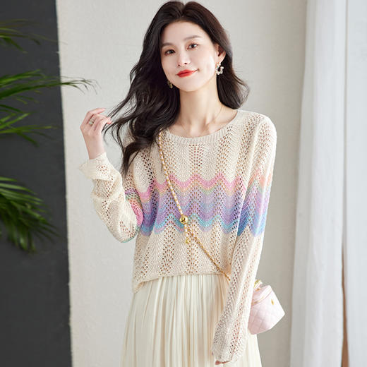 长袖薄款毛衣，防晒彩虹条拼接镂空罩衫上衣HR-MLLJS6692 商品图1