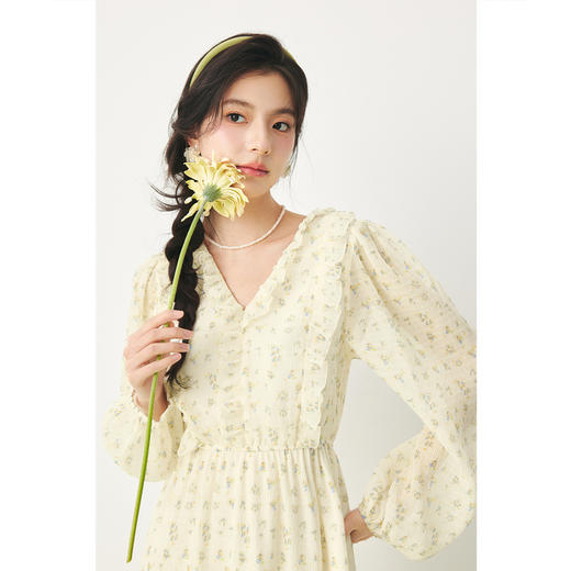 【严选】诗凡黎春荷叶边飘带设计松紧袖口气质长款连衣裙SF3390691 商品图3