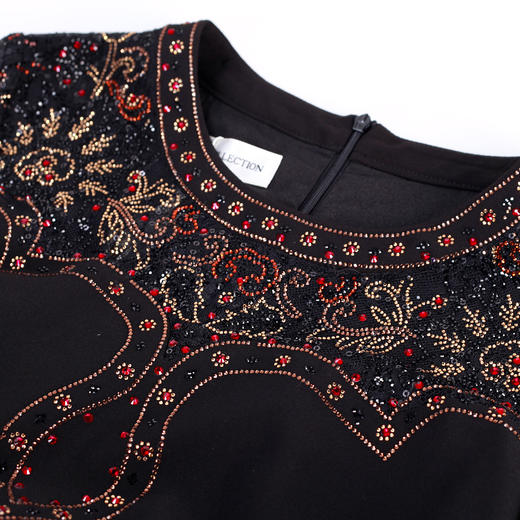 MC803斯尔丽2024春季新款华丽烫图修身显瘦小黑裙圆领七分袖连衣裙 商品图4