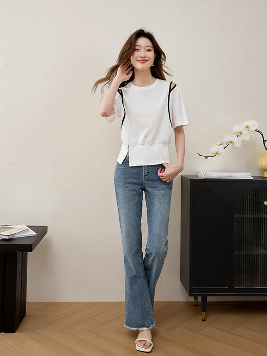 【五折购】熙世界设计感拼接露肩白色短袖t恤女夏款宽松显瘦开叉半袖上衣 商品图3