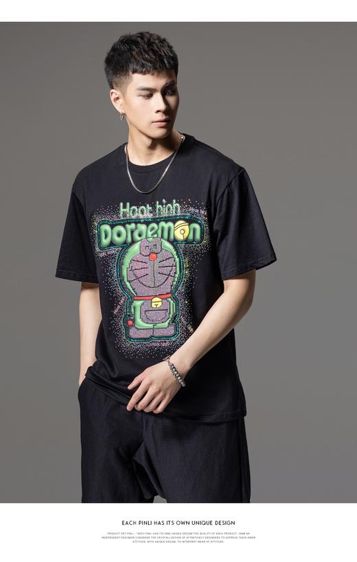 PINLI品立夏季新款印花烫钻纯棉短袖T恤男士潮牌卡通休闲体恤BG242111040 商品图8