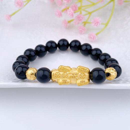 【限时克减150元】足金 #招财进宝 3D硬金招财金币貔貅手串间金币转运珠黑玛瑙手串弹力绳成品手串(AA3DSC00423)预售产品下单后不退款不退货不换货不补差价 商品图1