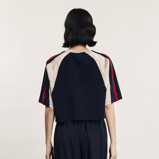 谜底宽松T恤短袖女2024年夏款复古运动风拼接感绣花上衣242MT0676 商品图2