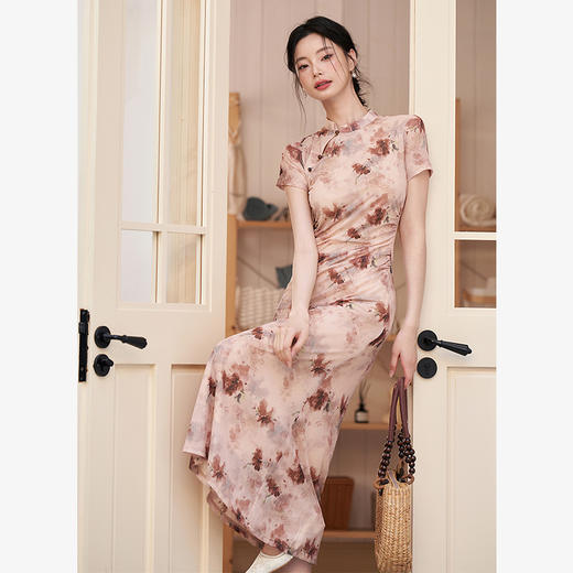 【限时秒杀】新中式国风旗袍领连衣裙女新款精致印花A摆针织裙V0050531 商品图3