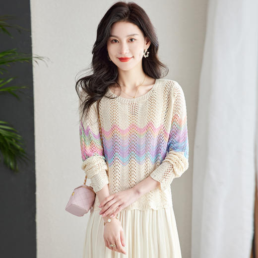 长袖薄款毛衣，防晒彩虹条拼接镂空罩衫上衣HR-MLLJS6692 商品图2