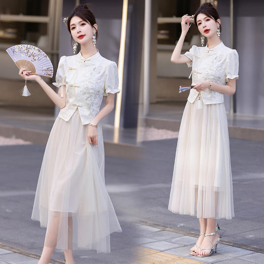优雅新中式，钉珠国风盘扣泡泡袖两件套HR-YF9608 商品图0