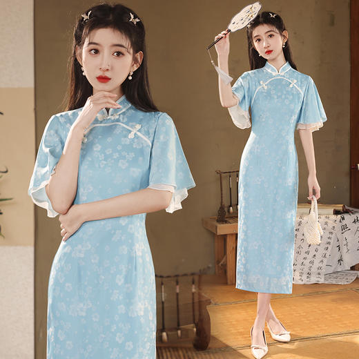 改良日常修身，年轻款水蓝长款气质旗袍XL-24170 商品图1