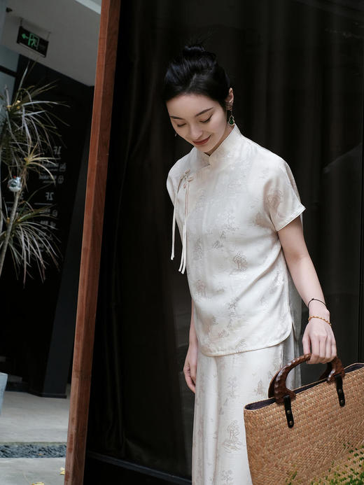 盛唐牡丹 |桃花源香槟色真丝提花上衣 商品图9