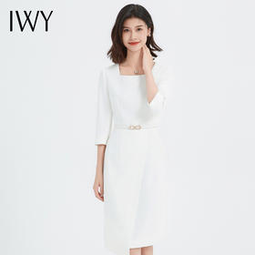IWY/白色连衣裙春夏名媛气质方口领中长裙设计感高级七分袖修身商务裙Q13321