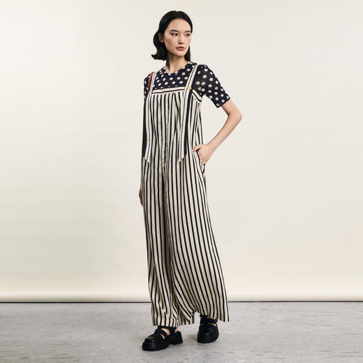 谜底背带裤长裤女2024夏季新品复古时髦黑白条纹阔腿裤242MK0629 商品图3