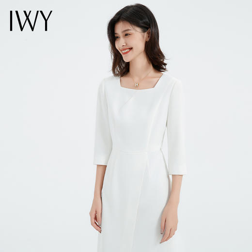 IWY/白色连衣裙春夏名媛气质方口领中长裙设计感高级七分袖修身商务裙Q13321 商品图3