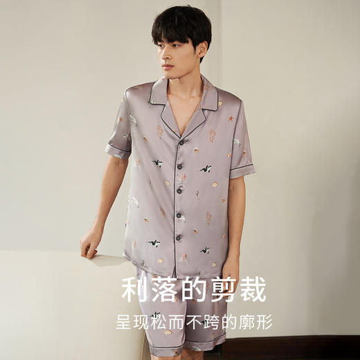 【趣味印花】真丝睡衣男100%桑蚕丝宽松可外穿家居服短袖短裤金三塔  YSMEB402 商品图1