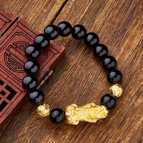【定价黄金】足金 3D硬金中国结貔貅双珠黑玛瑙(约10mm)弹力成品手串(AA3DSC00014)预售产品下单后不退款不退货不换货不补差价