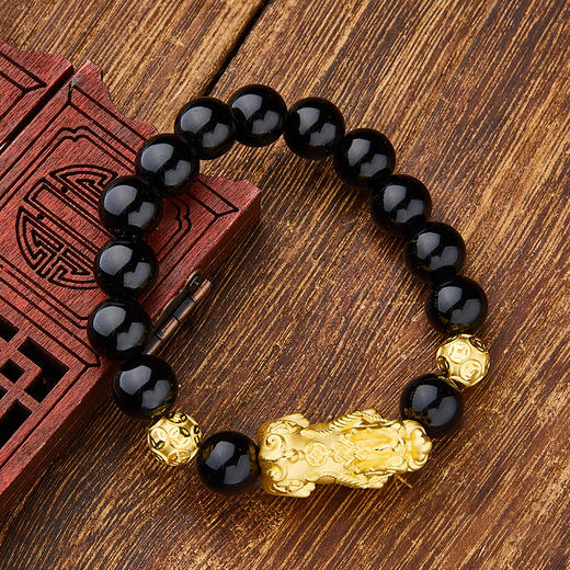 【定价黄金】足金 3D硬金中国结貔貅双珠黑玛瑙(约10mm)弹力成品手串(AA3DSC00014)预售产品下单后不退款不退货不换货不补差价 商品图0