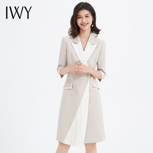 IWY/高级杏色连衣裙七分袖百褶裙修身设计感拼接款医美通勤职业裙Q14101 商品图1