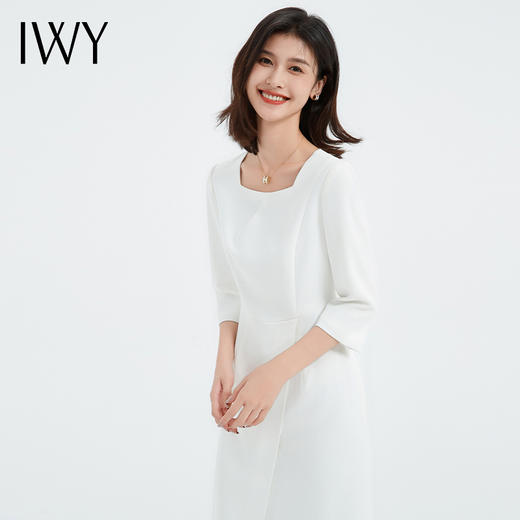IWY/白色连衣裙春夏名媛气质方口领中长裙设计感高级七分袖修身商务裙Q13321 商品图2