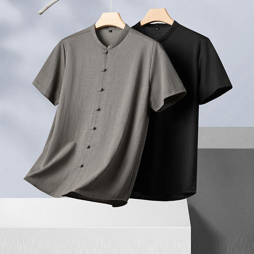 【新中式】【新款DPF】大依优型大码盘扣立领短袖衬衫加肥加大男装大号大码上衣男士休闲半袖夏季唐装 商品图0