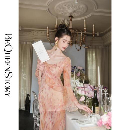 余潇潇【沙丘玫瑰】设计感定制乔其纱手绘印花荷叶边收腰连衣裙春 商品图4