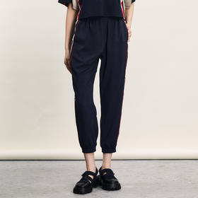 谜底休闲裤女士2024夏款复古运动感撞色侧边束脚九分裤242MK0701