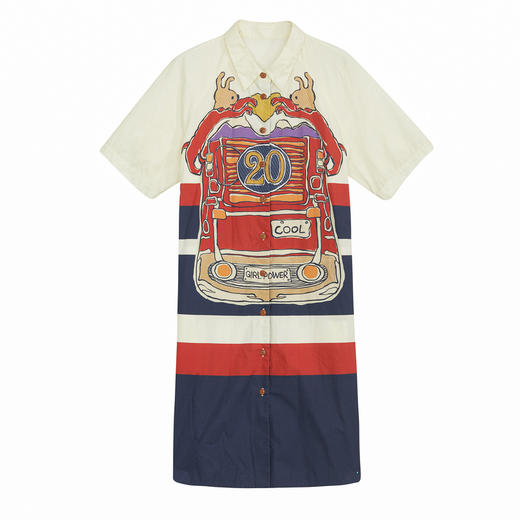 谜底衬衫式连衣裙女2024夏新品复古特色印花拼色中长裙242ML0672 商品图4