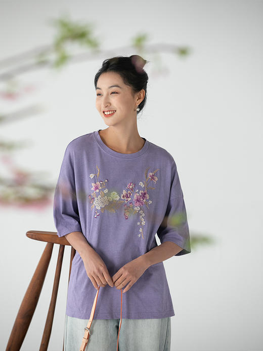 牧衣游原创汉麻棉机绣短T恤女新款圆领宽松休闲百搭短袖上衣 游仁 商品图2