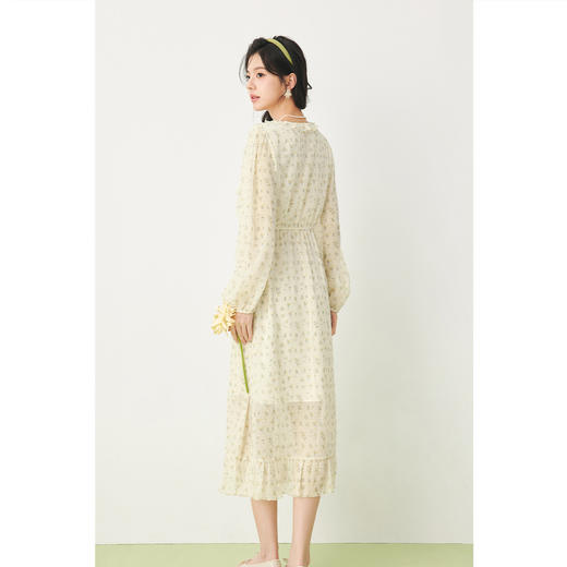 【严选】诗凡黎春荷叶边飘带设计松紧袖口气质长款连衣裙SF3390691 商品图4