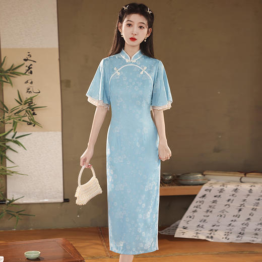 改良日常修身，年轻款水蓝长款气质旗袍XL-24170 商品图0