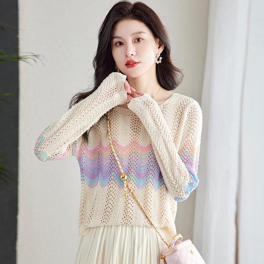长袖薄款毛衣，防晒彩虹条拼接镂空罩衫上衣HR-MLLJS6692 商品图3