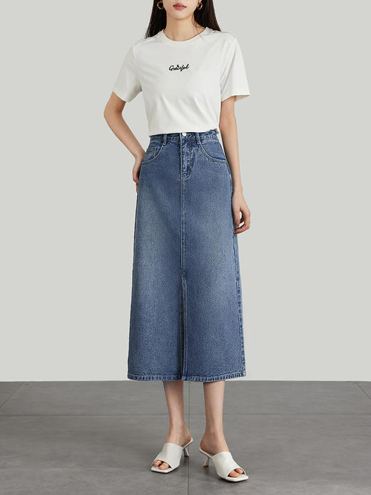 【专属特价】熙世界牛仔开叉长裙女2025夏季新款梨型身材高腰显瘦直筒半身裙 商品图4