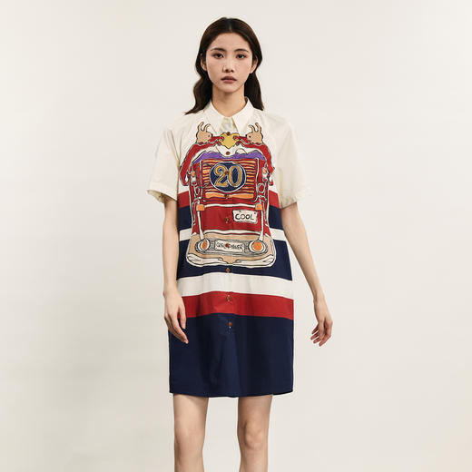 谜底衬衫式连衣裙女2024夏新品复古特色印花拼色中长裙242ML0672 商品图1