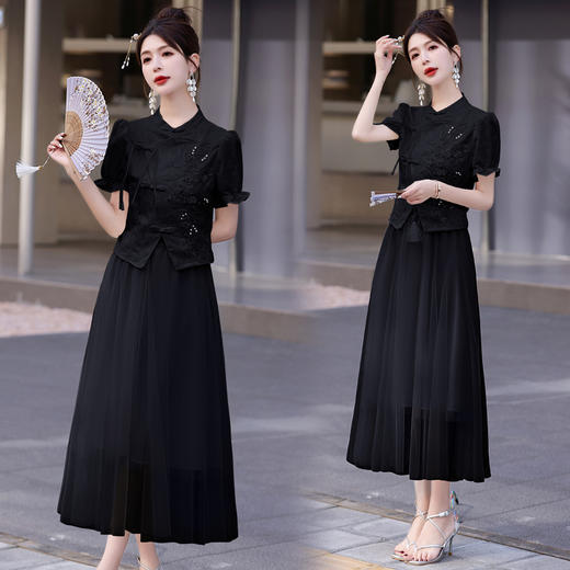 优雅新中式，钉珠国风盘扣泡泡袖两件套HR-YF9608 商品图1