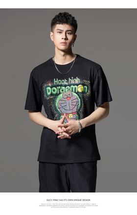 PINLI品立夏季新款印花烫钻纯棉短袖T恤男士潮牌卡通休闲体恤BG242111040