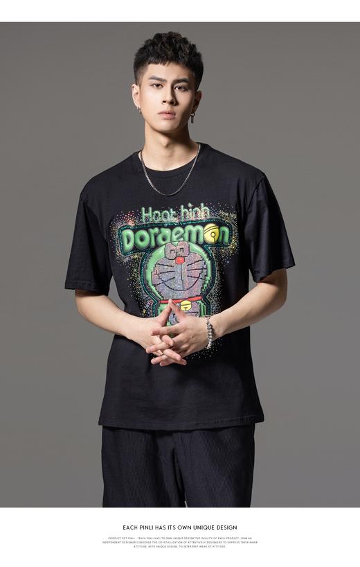 PINLI品立夏季新款印花烫钻纯棉短袖T恤男士潮牌卡通休闲体恤BG242111040 商品图0