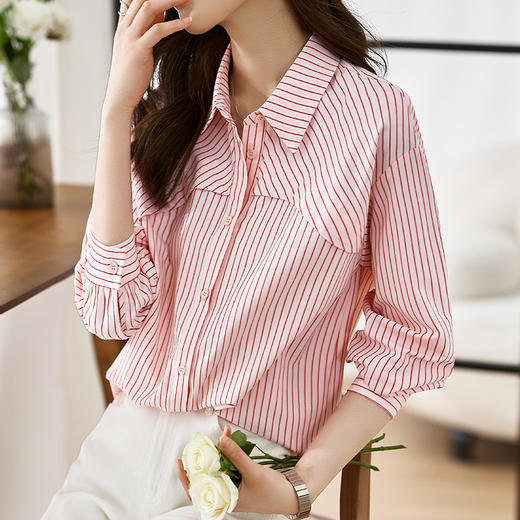 HT-5329法式条纹衬衫上衣春季新款潮设计感小众显瘦衬衣女高级感 商品图3