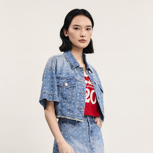 谜底短款牛仔外套短袖女2024夏款复古风宽松单排扣上衣242MW0587 商品图1