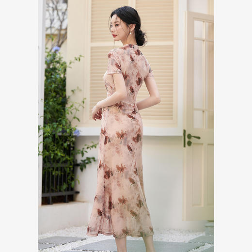 【限时秒杀】新中式国风旗袍领连衣裙女新款精致印花A摆针织裙V0050531 商品图4