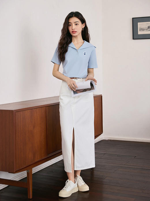 【五折购】熙世界法式海军领短袖T恤女设计感别致休闲体恤上衣2025夏新款 商品图6