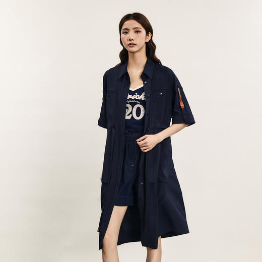 谜底连衣裙短袖女2024年夏季新品工装风复古宽松中长裙242ML0680 商品图1