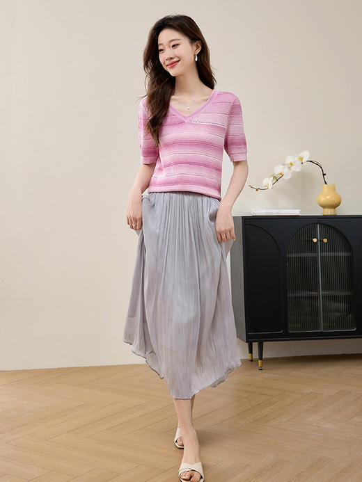 【专属特价】熙世界冰丝镂空短袖针织衫2025夏季新款段染渐变薄款V领T恤上衣 商品图4