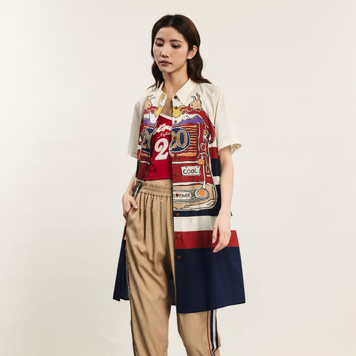 谜底衬衫式连衣裙女2024夏新品复古特色印花拼色中长裙242ML0672 商品图2