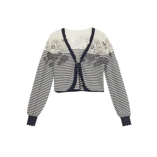 谜底条纹针织开衫长袖女2024夏季新品优雅V领提花灯笼袖242MZ0881 商品图4