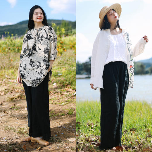 绽放100朵/2024新款色织亚麻天然褶皱感宽松遮肉显瘦武士裤 商品图3