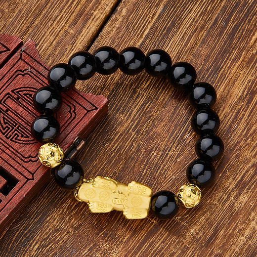 【定价黄金】足金 3D硬金中国结貔貅双珠黑玛瑙(约10mm)弹力成品手串(AA3DSC00014)预售产品下单后不退款不退货不换货不补差价 商品图2