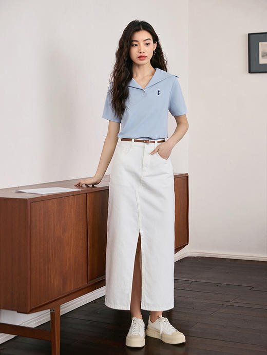 【五折购】熙世界法式海军领短袖T恤女设计感别致休闲体恤上衣2025夏新款 商品图4