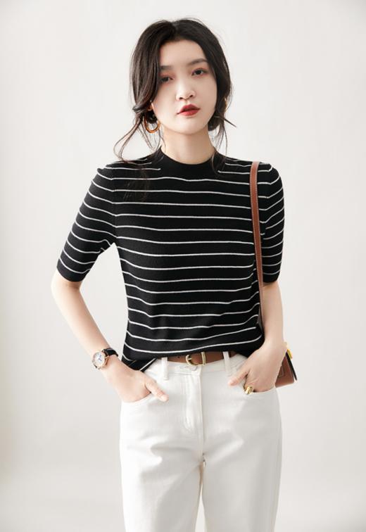【伊泺杉条纹撞色针织短袖】🔸时髦感爆棚💥穿上简直就是时髦精本精呀 🍹条纹自带百搭属性经典不失潮流 ✅轻薄软、🌈透气吸汗 、不起球，不掉色！ 商品图1