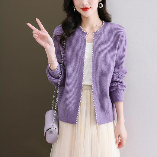 TZF-针织开衫外套女春装2024新款紫色钉珠毛衣春秋季外搭时尚洋气上衣 商品图3