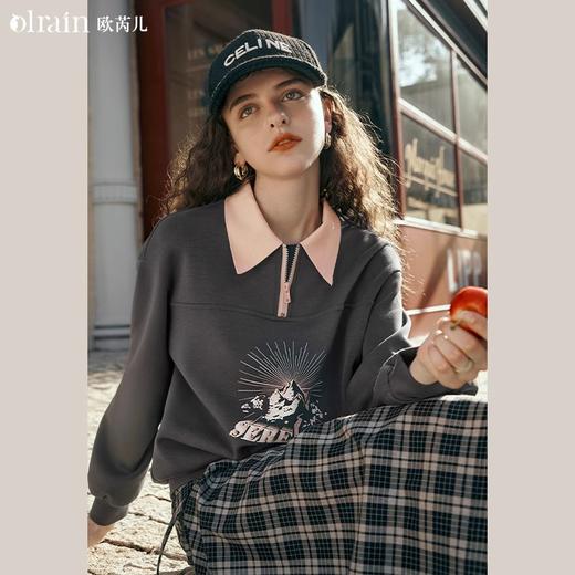 OLrain欧芮儿美式POLO领卫衣女春季2024年新款宽松复古印花上衣 商品图0